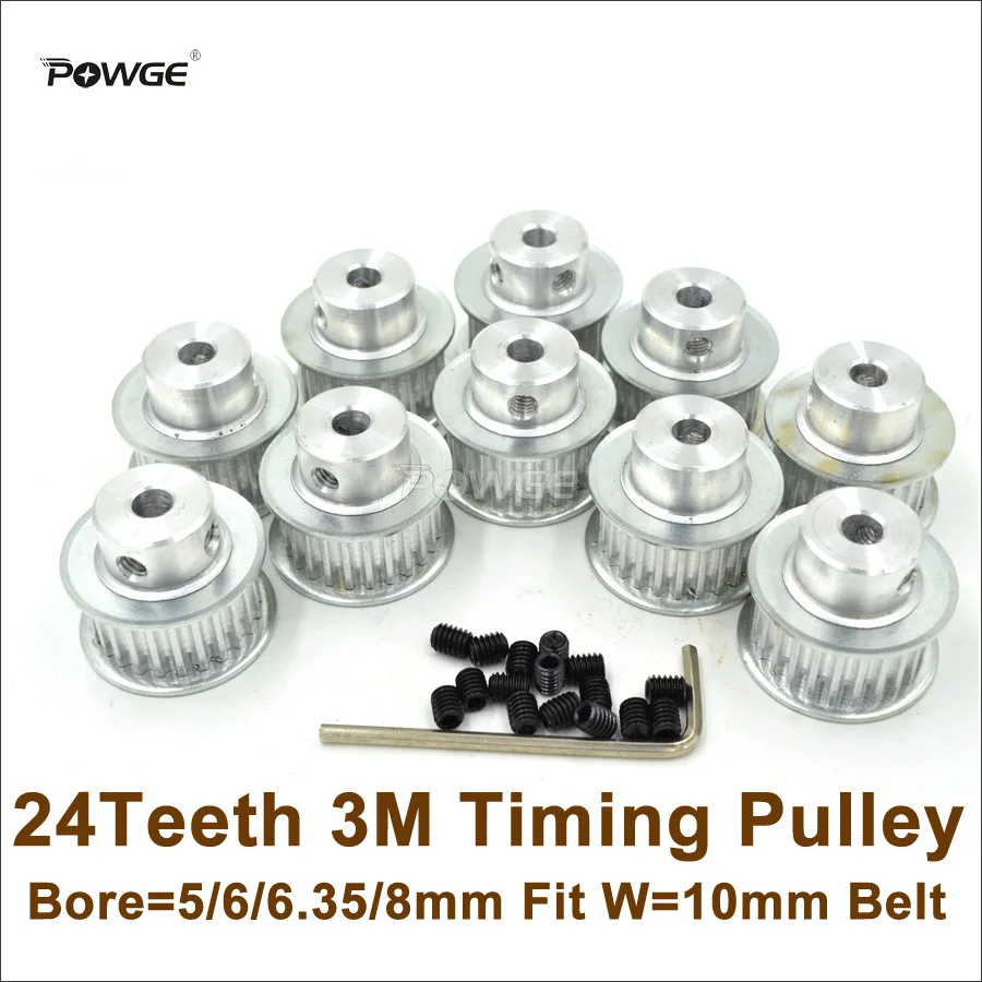 

POWGE 10pcs 24 Teeth 3M Timing Pulley Bore 5/6/6.35/8mm Fit Width 10mm HTD3M Belt 24T 24Teeth HTD 3M Pulley CNC Engraving