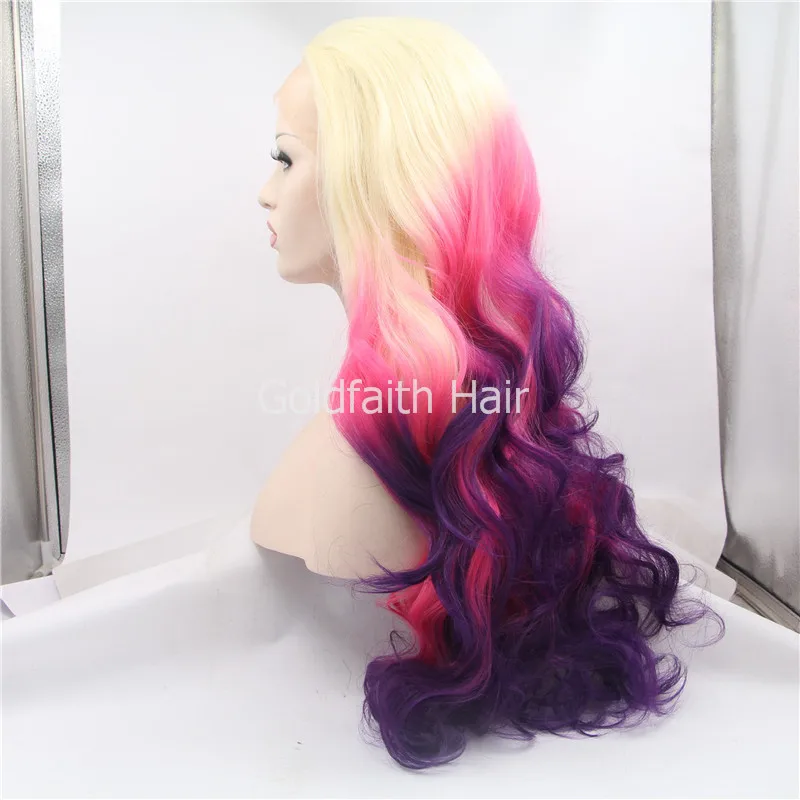 

SF9 Cheap Three Tone Ombre Lace Front Wig Blond Pink Purple Ombre Wig Wavy Long Kanekalon Ombre Wig