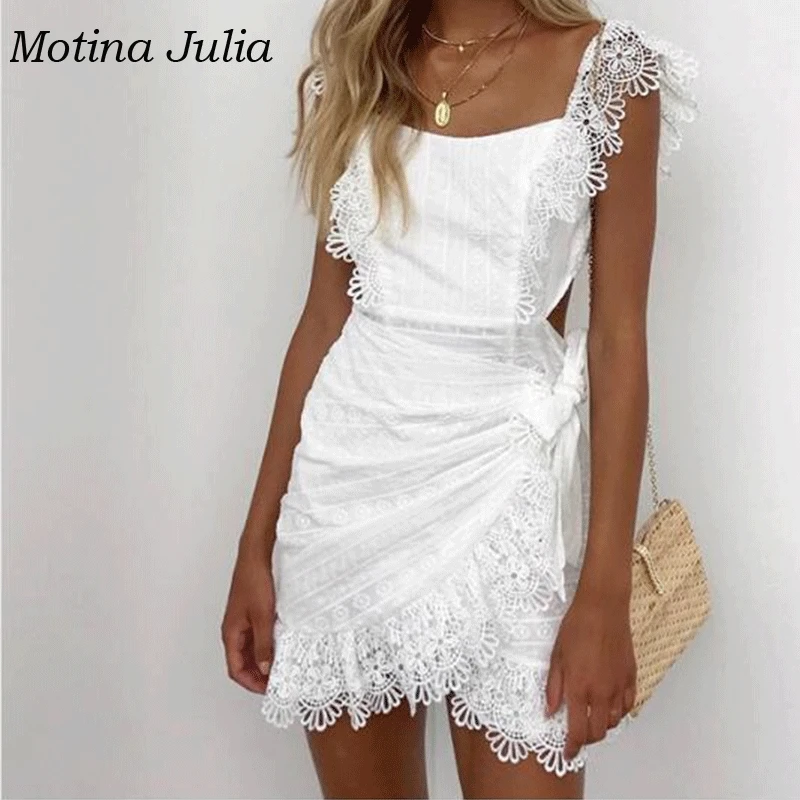 

Motina Julia 2019 summer lace crochet dress summer cotton embroidery mini dress Romantic wrap bow dress white lace dress