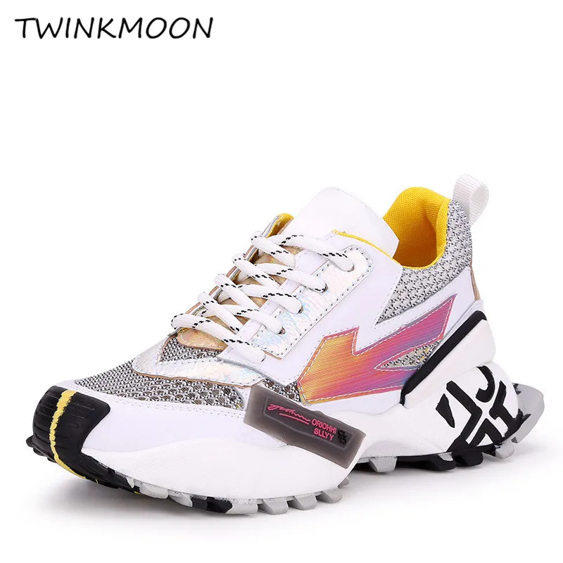 

Genuine Leather Chunky Sneakers Women Holographic Shoes Mesh Platform Trainers Lace Up Graffiti Sole Fashion Women Shoes 2019