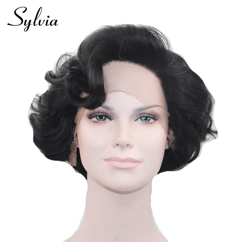 Sylvia 1b# натуральные черные короткие волнистые синтетические парики на кружеве с челкой бесклеевые термостойкие волокна волос для черной женщины