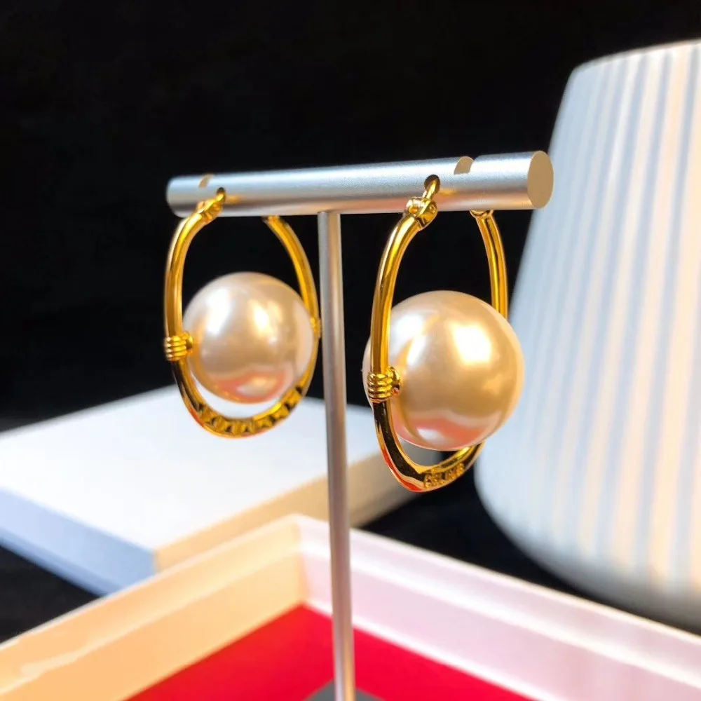

1:1 925 sterling silver European and American classic sign the golden ring jewelry pearl earrings fashion lady holiday gifts
