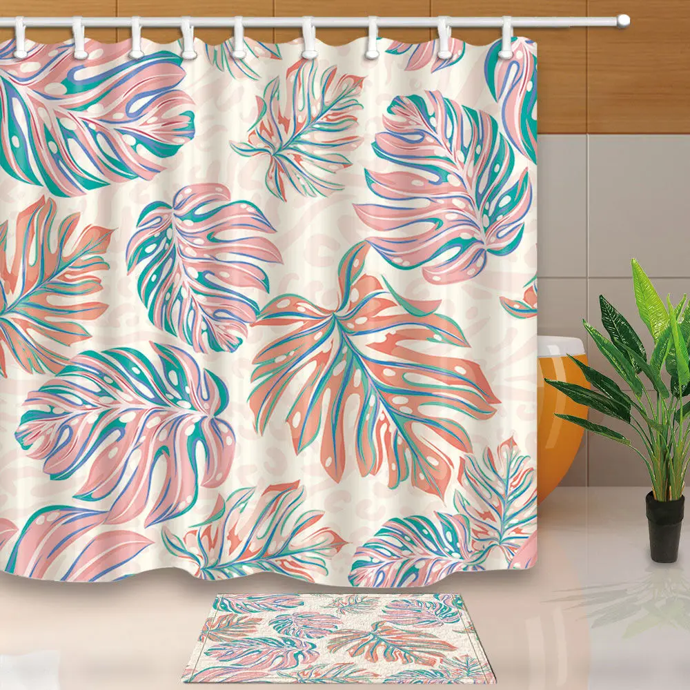 Custom Tropical Palm Leaves Decorative Waterproof Fabric Bathroom Shower Curtains Set Shower