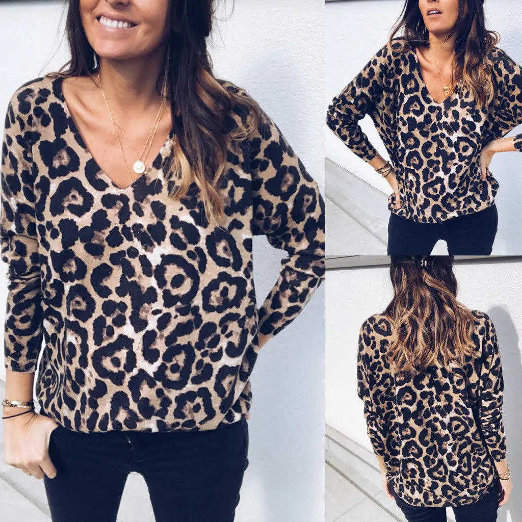 2019 Fashion Vrouwen Leopard Gedrukt Lange Mouwen V-hals Herfst Blouse High Street Stijlvolle Cool Losse Shirts S-XL