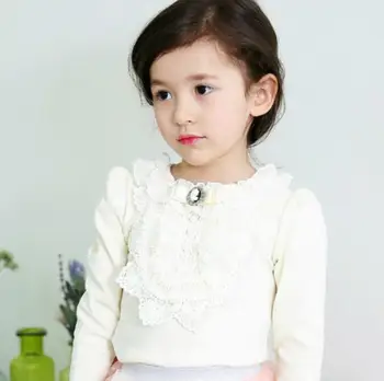 

Thicken Autumn Sweet Baby Kids Girls Lace Pearl T shirt With Velvet Fashion Bow Tops Tees Cotton Blouse Child Casual Clothes