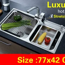 Квартира двойной кухонный паз раковина роскошный пищевой 304 Нержавеющая сталь стандарт vogue Горячая 770x420 мм