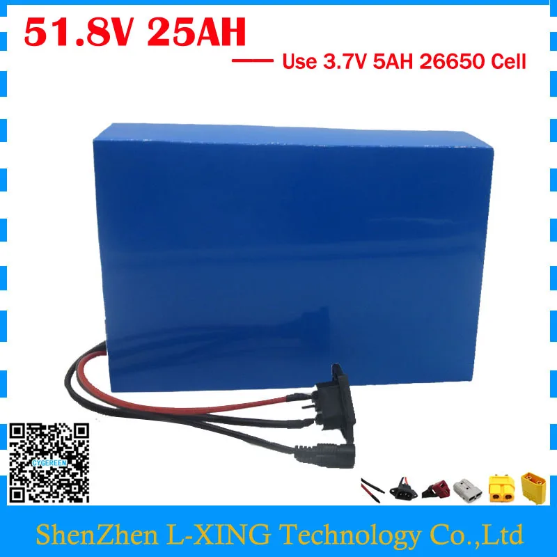 

2000W 52V 25AH Lithium battery 51.8V ebike Battery 51.8V e-scooter battery use 5000MAH 26650 cell with 50A BMS 58.8V 2A charger