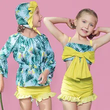 Комплект купальника из трех предметов для девочек, одежда для плавания с длинным рукавом и шапочкой, купальный костюм с бантом