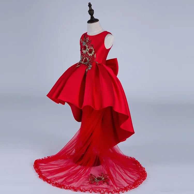 

Teen Girls Kids Princess Wedding Prom Party Trailing Dress with Big Bow Long Tulle Embroidery Lace Dress vestidos costumes