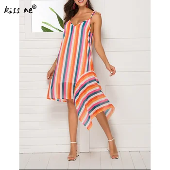 

Striped Printed Irregular Large Hem Beach Dress Women Chiffon Slim Slip Dress Mid Long Backless Halter Summer Beach Wear