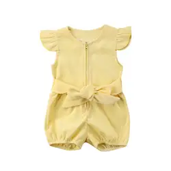 2018 летняя одежда для маленьких девочек комбинезон желтый комбинезон бантом Одежда для малышей принцесса малыша молния Ползунки для