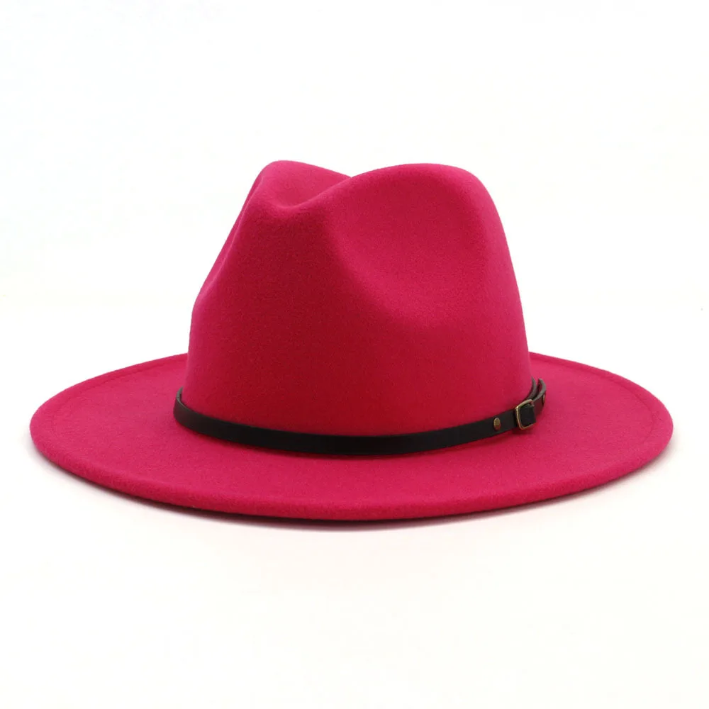 Fedora Шляпа женская Fedora шляпа мужская Jfemale джазовые Шляпы Модная зимняя женская шапка шапки ремни осенние широкие кепки с надписью Шерстяная Смесь - Цвет: rose Red