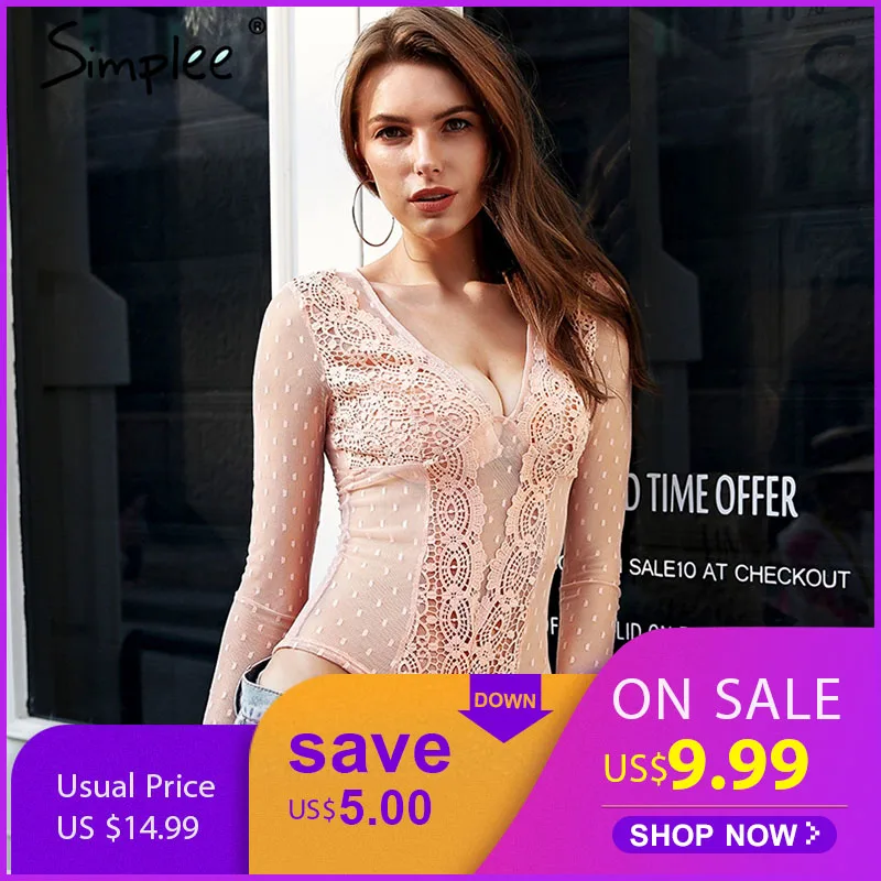 Simplee V neck skinny sexy lace bodysuit Mesh transparent white bodysuit women Long sleeve summer beach romper overalls 2018