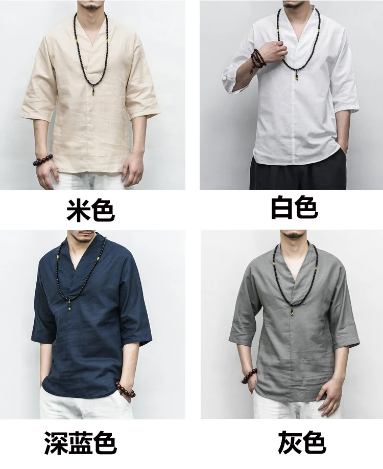 Китайский стиль, хлопок, лен, мужская рубашка, лето, одноцветная, легкая, дышащая, v-образный вырез, половина рукава, рубашка размера плюс M-5XL
