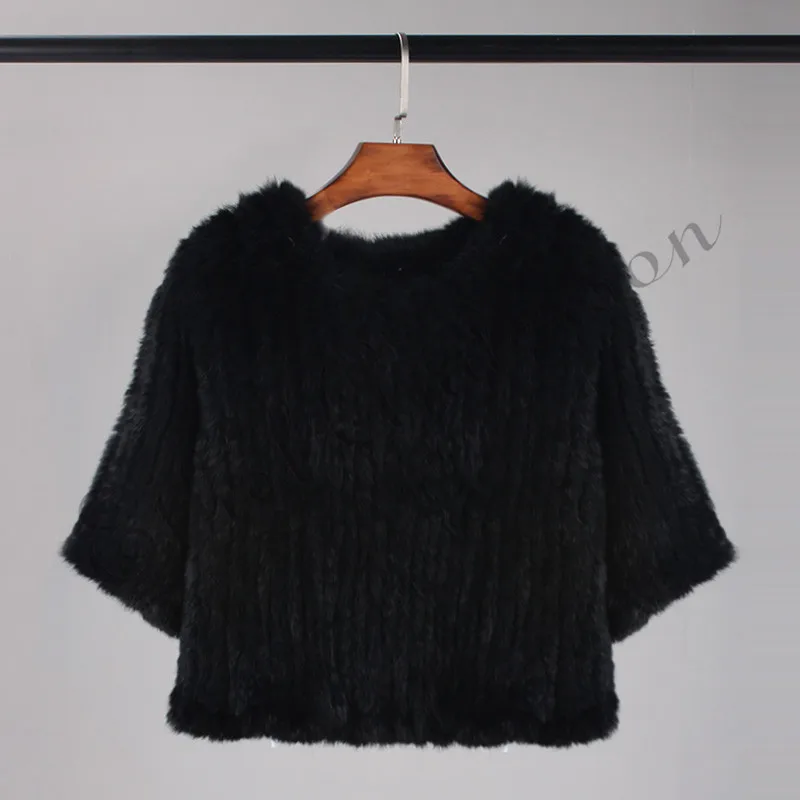 Ethel Anderson, Женское пальто из кроличьего меха ручной вязки, элегантный женский пуловер, короткая стильная куртка, топ с коротким рукавом, свободный размер, жилет - Цвет: Black