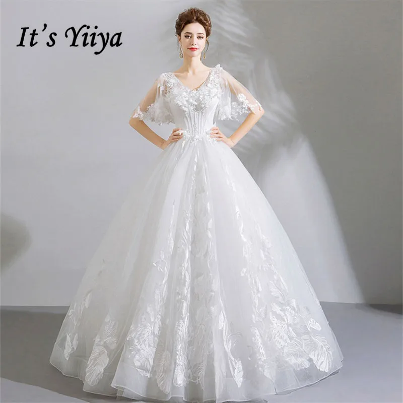 

It's YiiYa Wedding Dress Luxury White V-neck Flowers Short Sleeves Bride Ball Gowns Floor-length 2018 LX1162 vestido de noiva