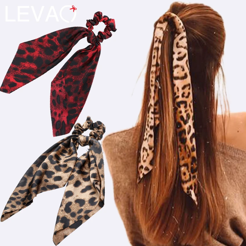 Levao Leopard Print Scrunchies for Women Hair Scarf Ribbon Bow Hairbands Elastic Hair Rubber Rope for Girls Hair Accessories