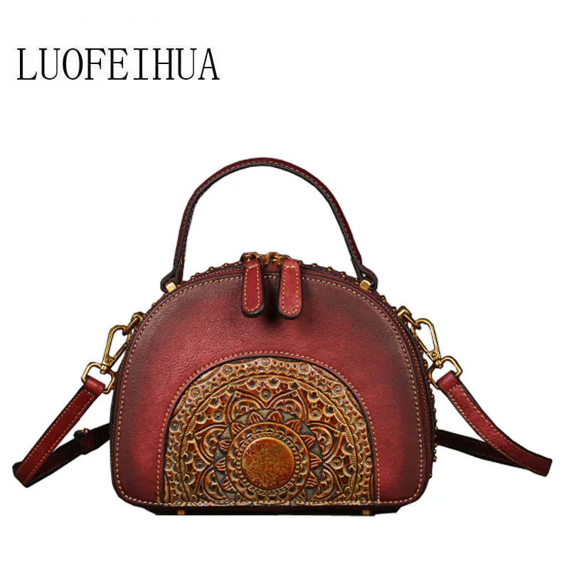 

LUOFEIHUA Genuine Leather women bags for women 2019 new original retro color top layer embossed handbag Designer bag