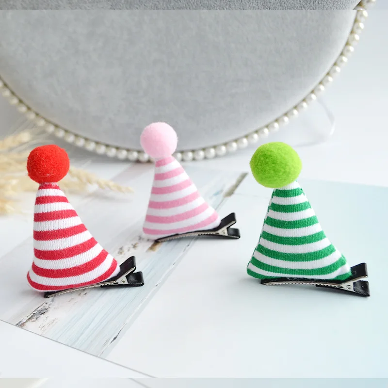 

1pc Fashion Cute Geometric Party Cap Girls Hairpins Solid Kawaii Red and white stripes Party Hat Hair Clips Kids Hair Accessorie