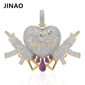 

JINAO 3D Heart Drip With Gun Love Pend Necklace Gold Color AAA Cubic Zircon Copper Men's Hip Hop Jewelry Iced Out Chain For Gift