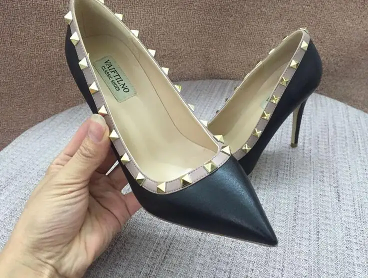 

2019 women pumps high heel wedding shoes rivets black nude women high heel shoes 10cm thin heel shoes 34-43 box bridal shoes