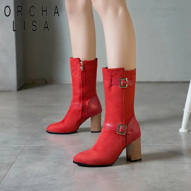 

ORCHA LISA Shoes women Mid calf boots Pointed toe Chunky heel Flock Zipper Buckle strap Beige ladies Booties Large size