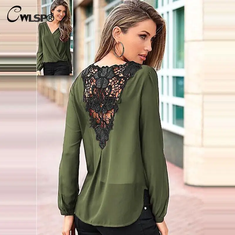 

CWLSP 2018 Boho Style Women Crochet Chiffon Blouses Long Sleeve Lace Shirts Fashion Cross Women Tops Office Shirts blusas