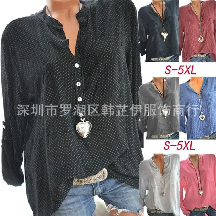 

Large size women's blouse 2019 new large size dot shirt V-neck sleeves women's shirt S-5XL