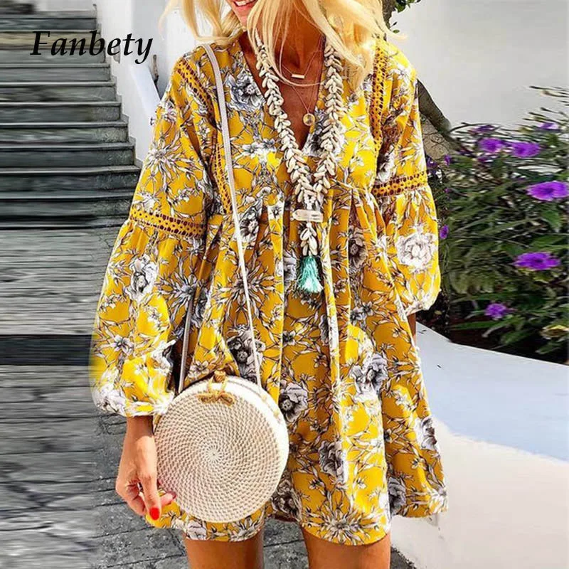 

Fanbety Women Lantern long sleeve Floral Print dress Summer sexy V-neck Retro Dress Elegant Autumn casual Loose Mini Party Dress