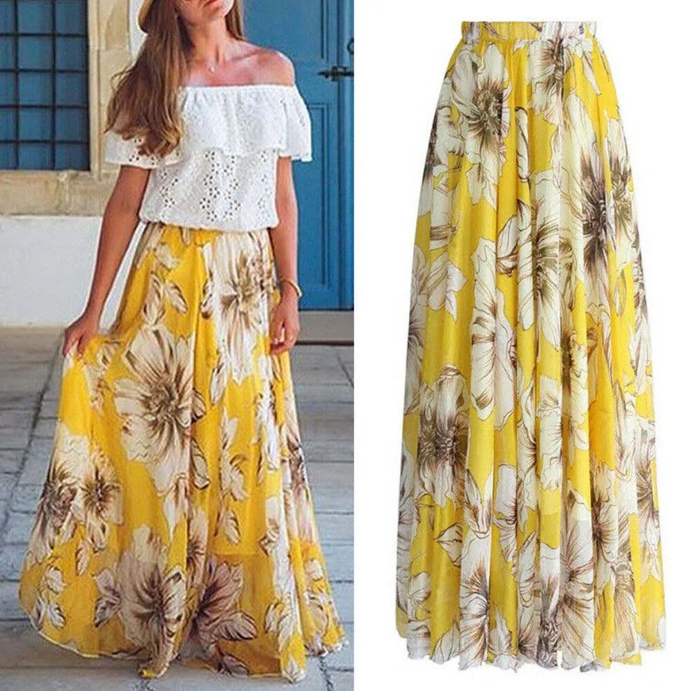 BOHO Для женщин Цветочное Джерси Gypsy длиной макси полный пляжная юбка для лета солнца Высокая талия юбка Уличная S-5XL плюс Размеры - Цвет: Yellow