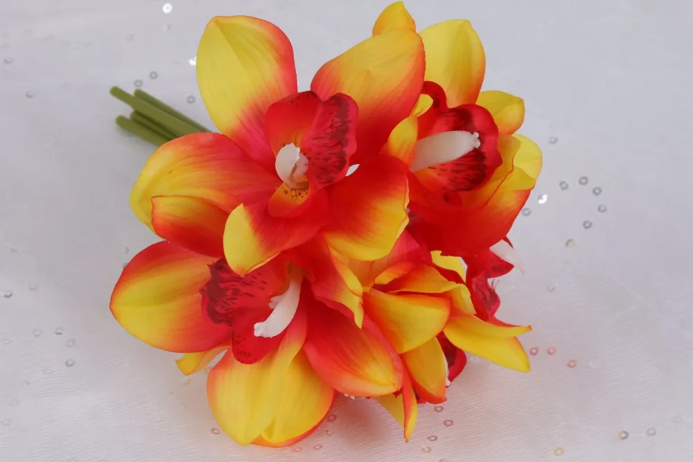 Flone 6 Heads Artificial Cymbidium Flowers Simulation Orchid Bouquet Real Touch Fake Flowers For Wedding Home Party Decoration (10)