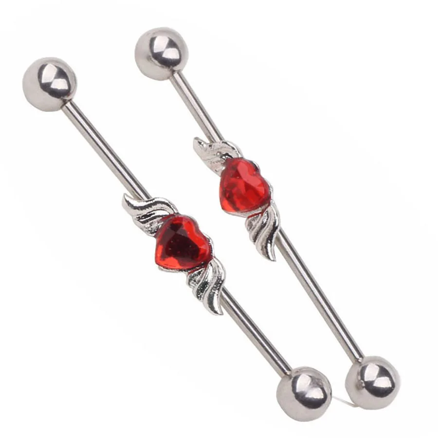 1pcs Red Heart Angel Wings Straight Industrial Barbells Bars Ear