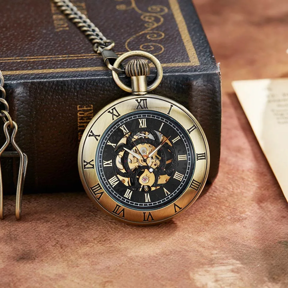 Relógio de Bolso Relógios de Bolso com Corrente Único Retro Bronze Mecânico Algarismos Romanos Dial Esqueleto Luxury Design Homens Mechancial