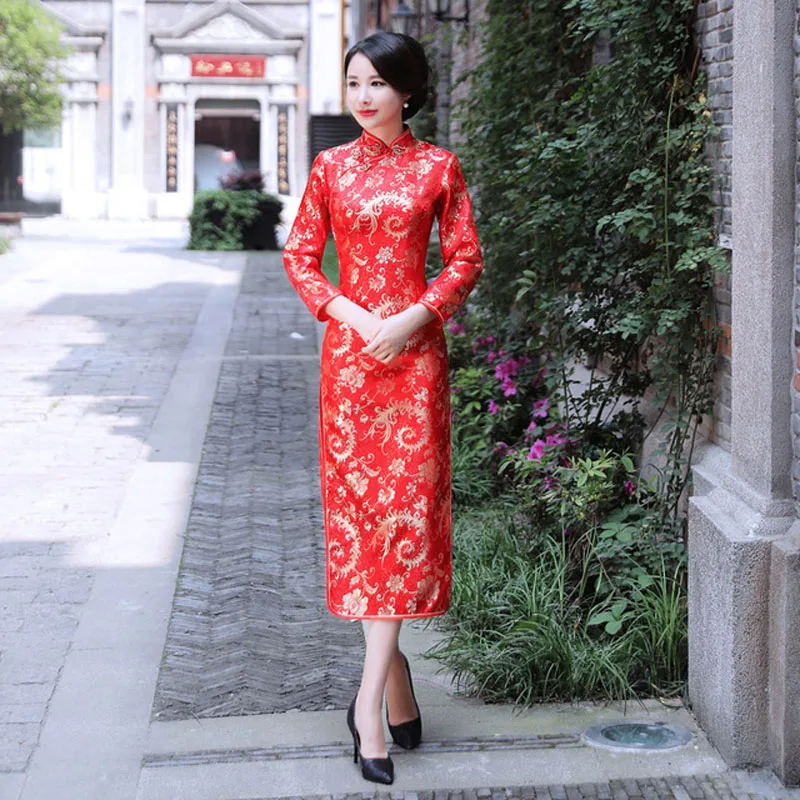 Красное китайское свадебное платье Qipao для невесты сексуальное женское атласное платье Чонсам с длинным рукавом дракон феникс Vestidos S M L XL XXL