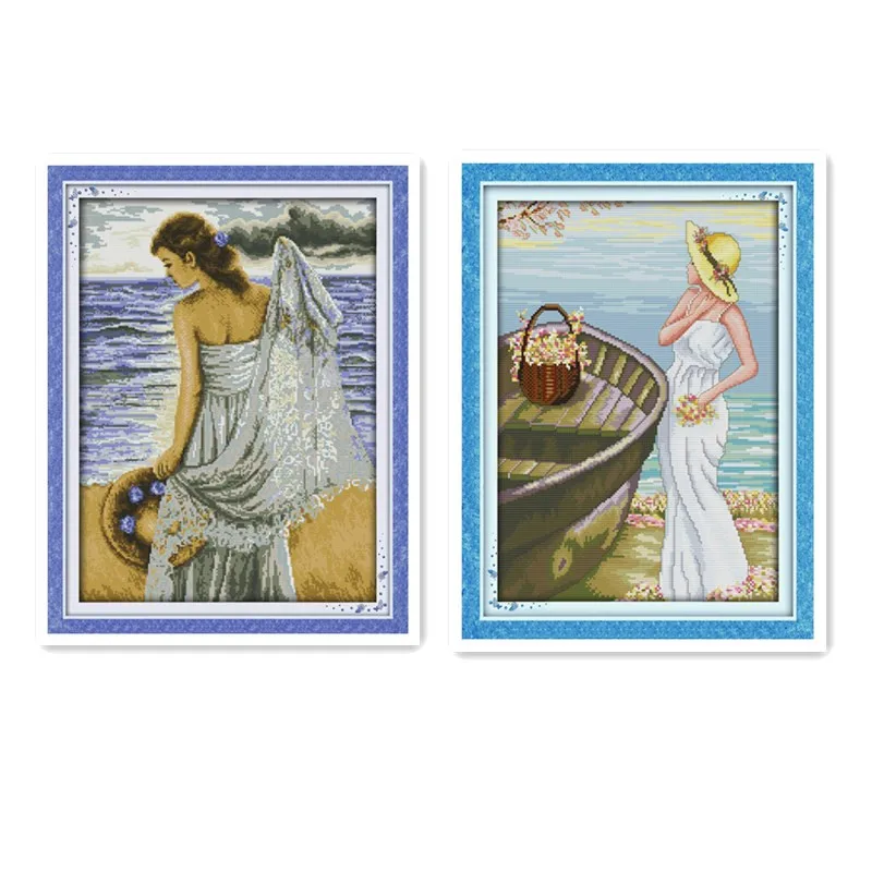 

Seaside girls beautiful scenery cross stitch suite manual 11CT 14CT printing cloth white cloth embroidery decorative painting