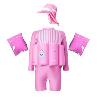 Pink white stripe Children Swimsuit Float For Toddler Kids Swimmwear Full Sleeve Body Protective One-piece with Cap Buoyant Arms - Цвет: Pink white stripe