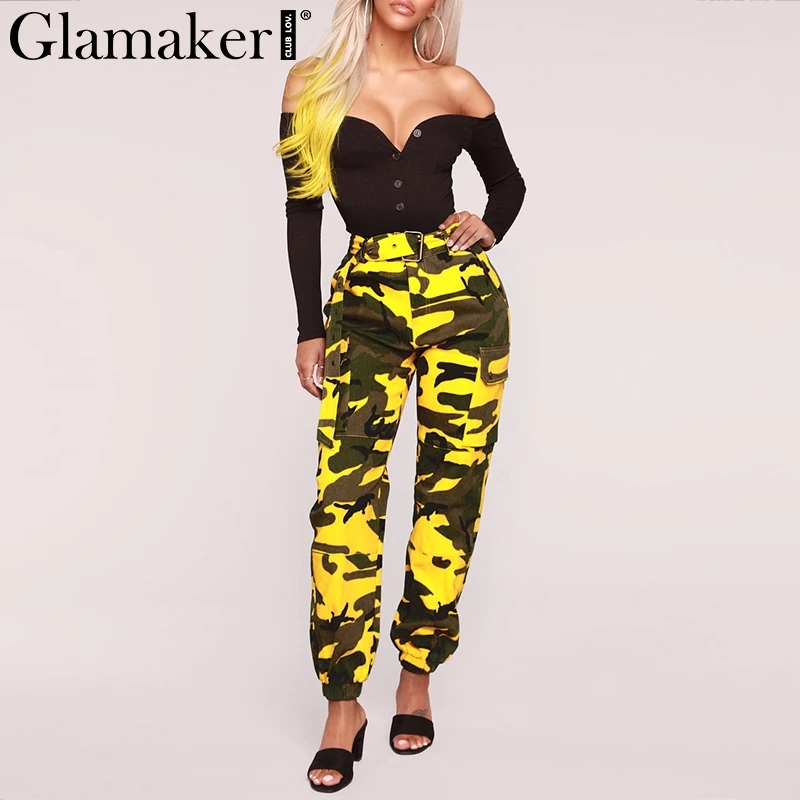 Glamaker Camo Высокая талия женские штаны карго женские хлопковые сексуальные фитнес брюки летние обтягивающие нижние брюки весенние брюки