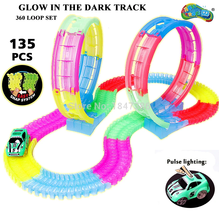 

Magic Track 7.5cm outsize DIY Electric 360 Stunt Loop Flexible Assembly Glow in the Dark Car Track with Light-Up Race Vehicle