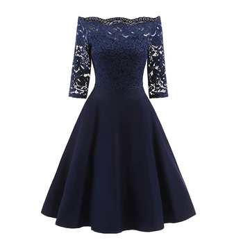 

AAMIKAST Women's Vintage Hollow Out Slash neck Short 3/4Sleeve Slim Swing A Line Dress Cocktail Party Floral Lace Formal Dresses