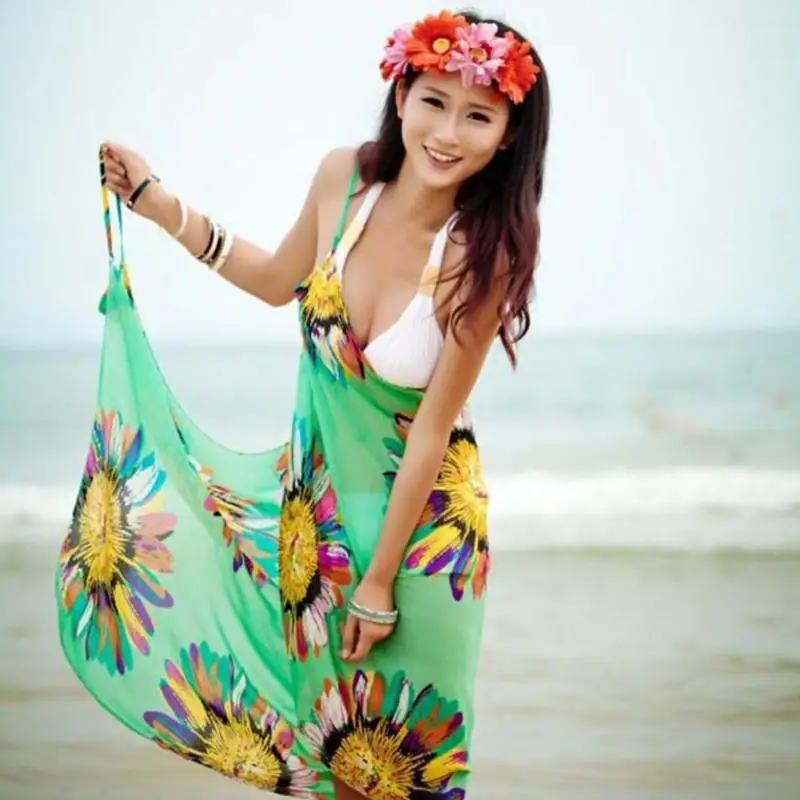 Сексуальный купальник, Пляжное Платье-бикини,, летнее женское Ретро шифоновое бикини с цветочным рисунком, платье для отдыха - Цвет: green