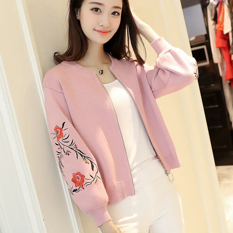 

Korean Women Sweater Clothes Embroidery Loose Knit Cardigan Zipper Student Sweater Coat Woman Fashion Ladies Spin Clothes