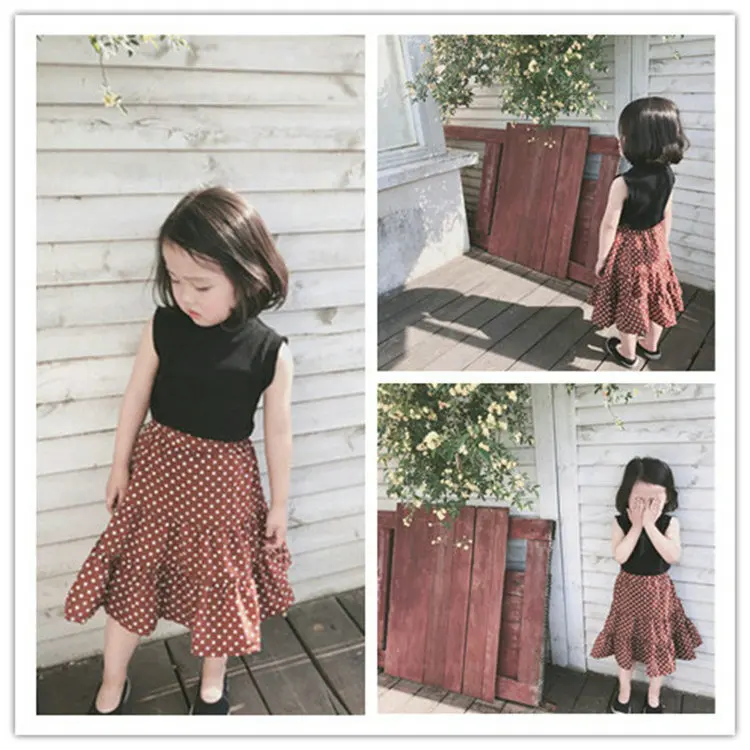 

Girl Baby Clothing Sets Fashion Korean Sleeveless Vest T-shirt Wave Point Skirt 2pcs Kids Clothes 2-6 Y Toddler Kids Suit Summer