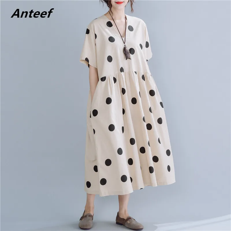 

cotton linen vintage Polka Dot plus size women casual loose long summer sun dress elegant clothes 2019 ladies dresses sundress
