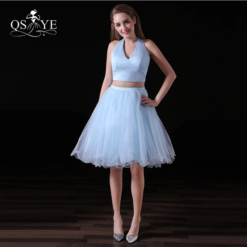 Новые синие короткие фатиновые платья для выпускного вечера 2017 сексуальные с v