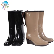 Long-Barreled Zipper Type Women’s Mid Calf Wedge Rain Boots Ladies Comfortbale and Soft Wlking Pink Polka Dot Rainboots 2016
