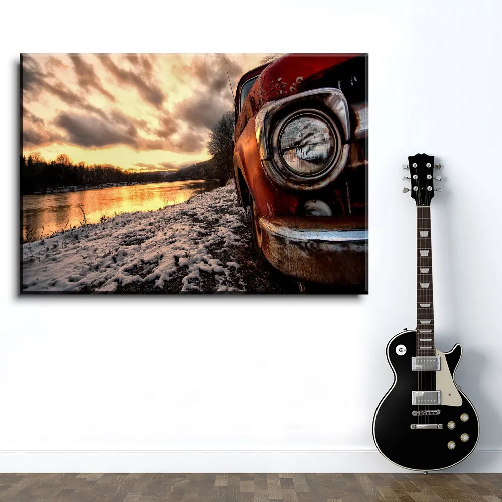 

Canvas Painting Home Decorative Artwork 1 Pieces HD Prints Type Style Antique Car In Sun Set Landscape Pictures For Living Room