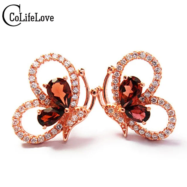 Cute Silver Erfly Shape Stud Earrings Natural Blood Red Cute Silver Erfly Shape Stud Earrings Natural Blood Red Garnet Gemstone Earring Fashion Solid