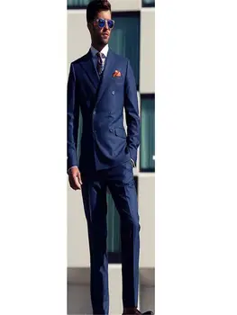 

Classic high-quality men's suit navy lapel double breasted groomsman dress and men prom dress (jacket + pants) custom made