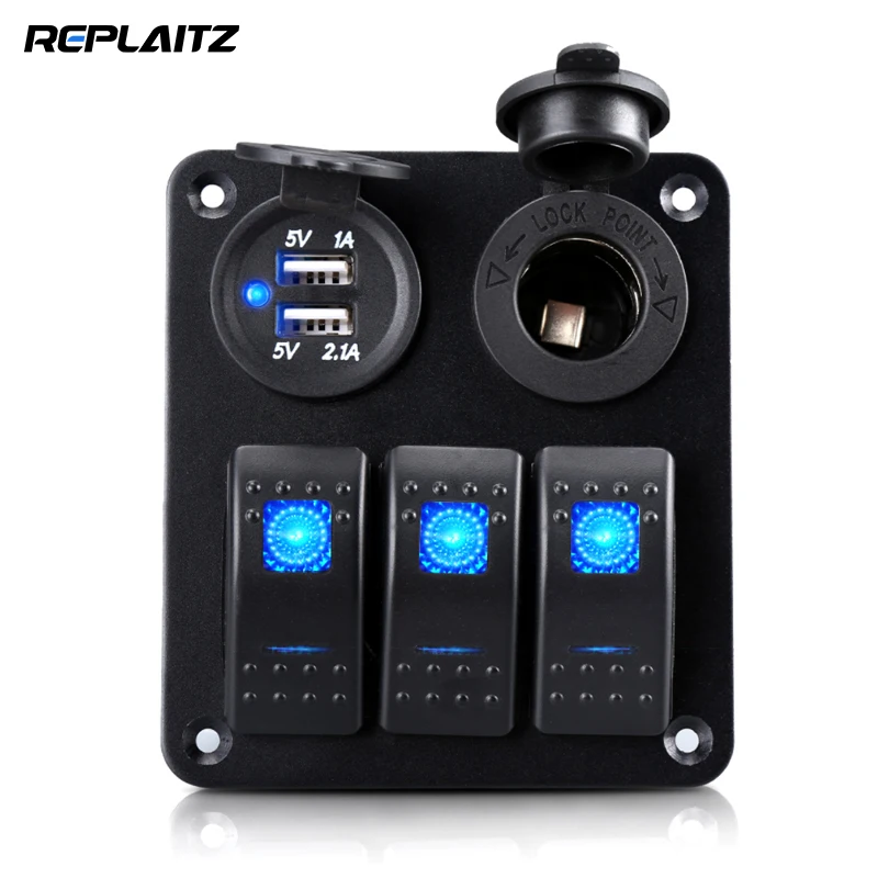 DIY Car Socket 3 Gang LED Vehicle Switch Panel Voltmeter Dual USB Slot