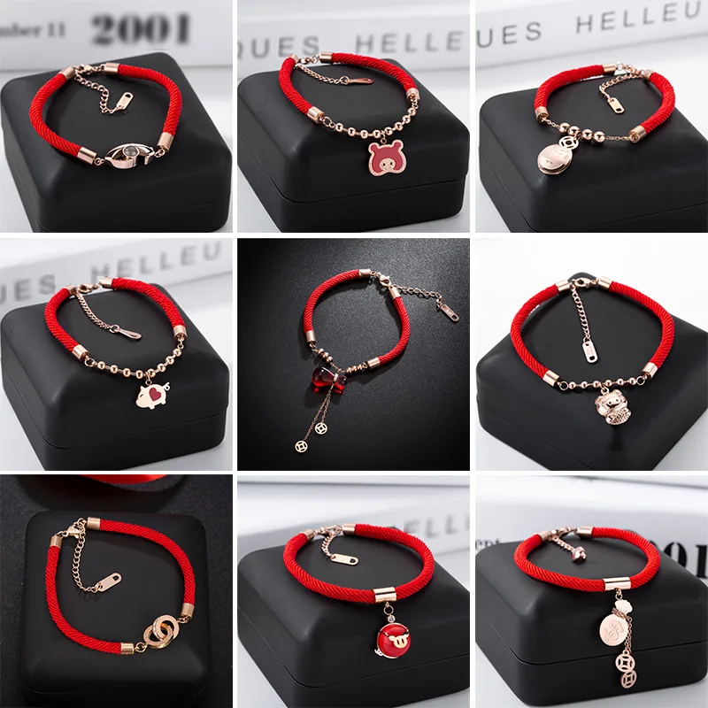 

New 2019 Golden Pig Zodiac Red Rope Charm Bracelet , Titanium Steel Rose gold color Cute piggy Fortune Hand Jewelry gift